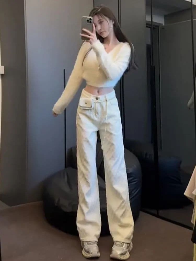 디자인 센스 품격 작은 샤넬 스타일 체크무늬 스트레이트 청바지 여성 2026 가을 루즈핏 슬림해 보이는 넓은 다리 바닥 청소 바지 상세 이미지 2