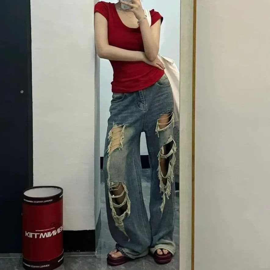 레트로 높음 거리 찢어진 부분 디자인 아메리칸 청바지 여성 여름 새로운 불모지 바람 루즈핏 슬림해 보이는 스트레이트 바닥 청소 바지