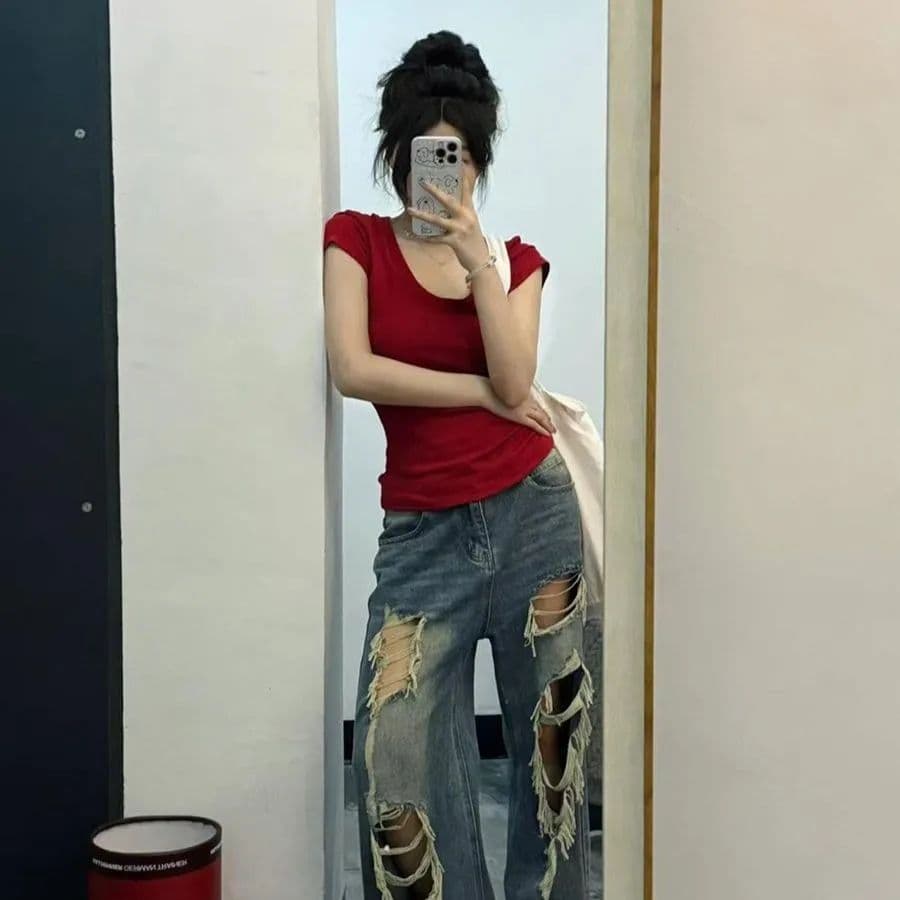 레트로 높음 거리 찢어진 부분 디자인 아메리칸 청바지 여성 여름 새로운 불모지 바람 루즈핏 슬림해 보이는 스트레이트 바닥 청소 바지 이미지 4