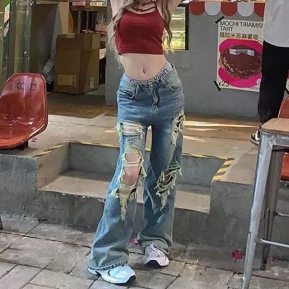 레트로 높음 거리 찢어진 부분 디자인 아메리칸 청바지 여성 여름 새로운 불모지 바람 루즈핏 슬림해 보이는 스트레이트 바닥 청소 바지 상세 이미지 3