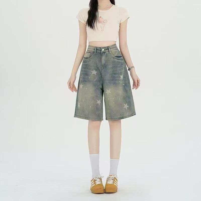 아메리칸 레트로 별 프린트 루즈핏 슬림해 보이는 스트레이트 다용도 외국 가스 디자인 5 점 작은 키 데님 반바지 상세 이미지 2