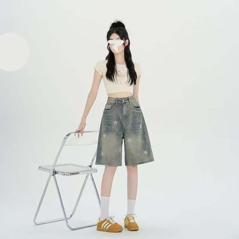 아메리칸 레트로 별 프린트 루즈핏 슬림해 보이는 스트레이트 다용도 외국 가스 디자인 5 점 작은 키 데님 반바지 상세 이미지 7