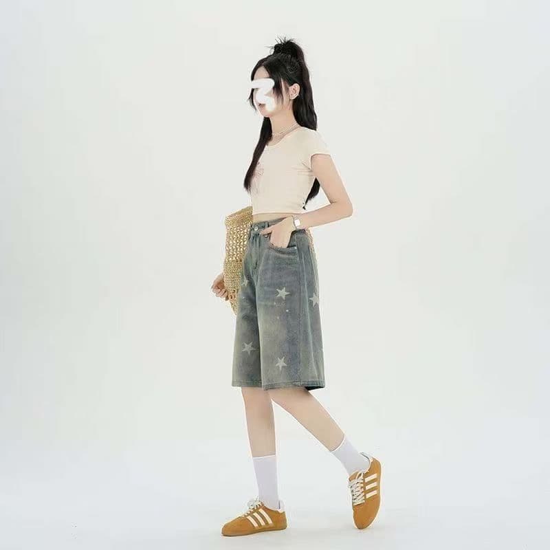 아메리칸 레트로 별 프린트 루즈핏 슬림해 보이는 스트레이트 다용도 외국 가스 디자인 5 점 작은 키 데님 반바지 상세 이미지 10
