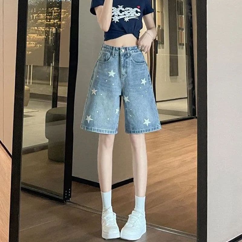 작은 키 핫걸 아메리칸 루즈핏 별 데님 반바지 5 점 거리 워싱 스트레이트 다용도 슬림해 보이는 바지 트렌디 상세 이미지 2