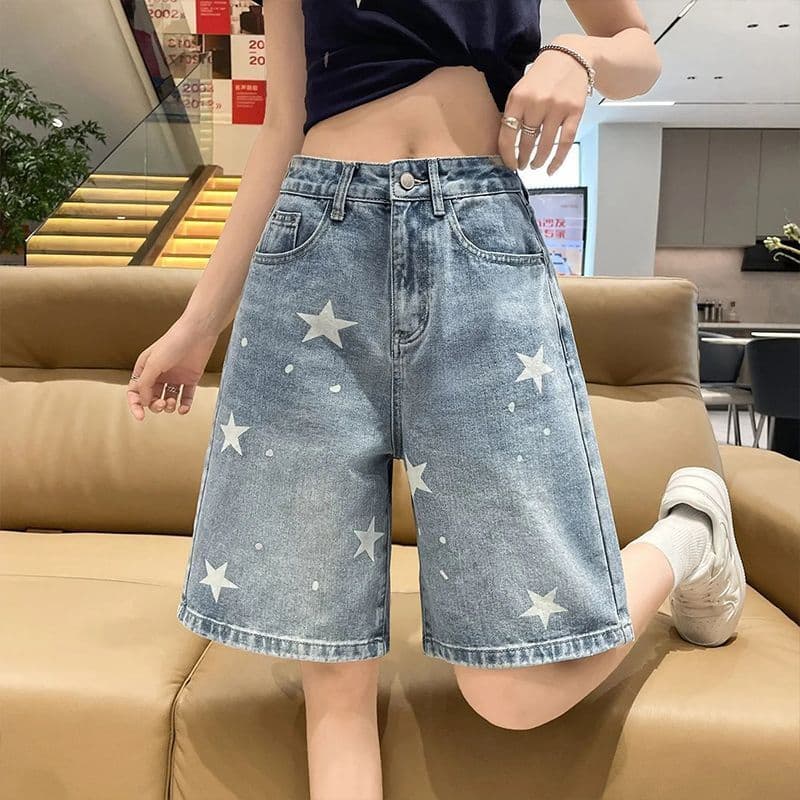 작은 키 핫걸 아메리칸 루즈핏 별 데님 반바지 5 점 거리 워싱 스트레이트 다용도 슬림해 보이는 바지 트렌디 상세 이미지 3