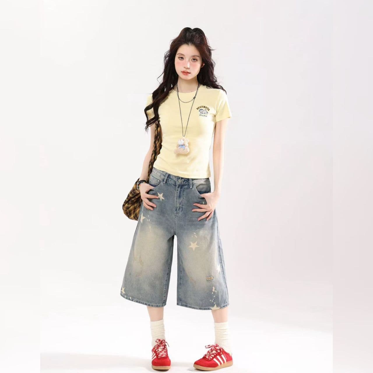 아메리칸 레트로 별 프린트 데님 7부 바지 여성 여름 새로운 마 오래된 워싱 루즈핏 넓은 다리 캐주얼 바지 이미지 4