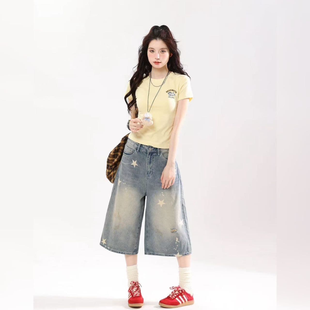 아메리칸 레트로 별 프린트 데님 7부 바지 여성 여름 새로운 마 오래된 워싱 루즈핏 넓은 다리 캐주얼 바지