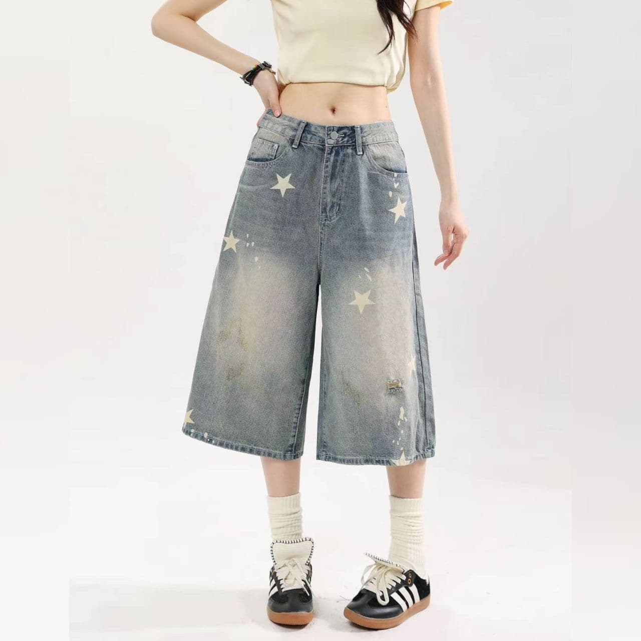 아메리칸 레트로 별 프린트 데님 7부 바지 여성 여름 새로운 마 오래된 워싱 루즈핏 넓은 다리 캐주얼 바지 상세 이미지 4
