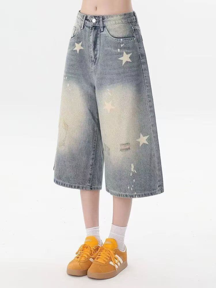 아메리칸 레트로 별 프린트 데님 7부 바지 여성 여름 새로운 마 오래된 워싱 루즈핏 넓은 다리 캐주얼 바지 상세 이미지 6