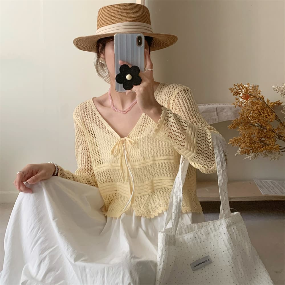 실사 사탕 색상 홀로우 아웃 메시 그리드 쇼트 스타일 에어컨 셔츠 메쉬 니트 오픈 가디건 여성 여름 얇은 스타일 레이스업 자외선 차단 의류