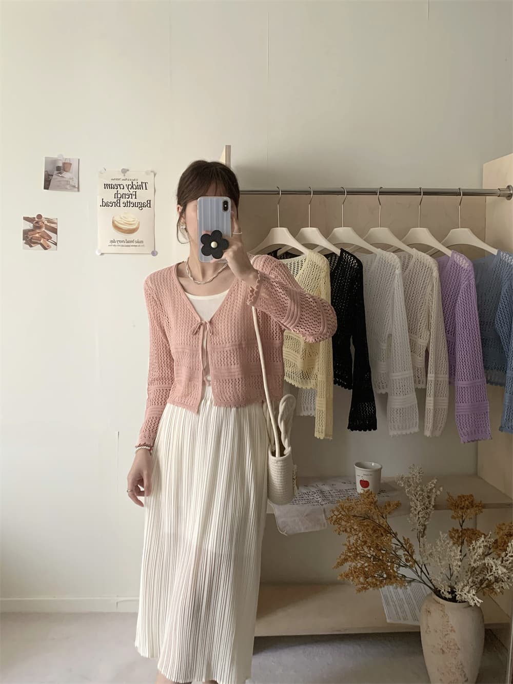 실사 사탕 색상 홀로우 아웃 메시 그리드 쇼트 스타일 에어컨 셔츠 메쉬 니트 오픈 가디건 여성 여름 얇은 스타일 레이스업 자외선 차단 의류 상세 이미지 26