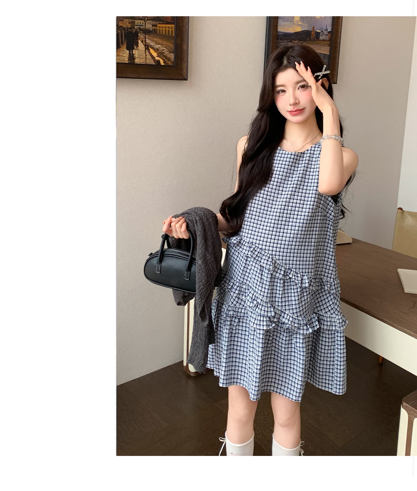 실사 지금 공항 체크 스커트 캐주얼 품격 패션 레트로 민소매 드레스 나무 껍질 곡물 니트 오픈 가디건 상세 이미지 21
