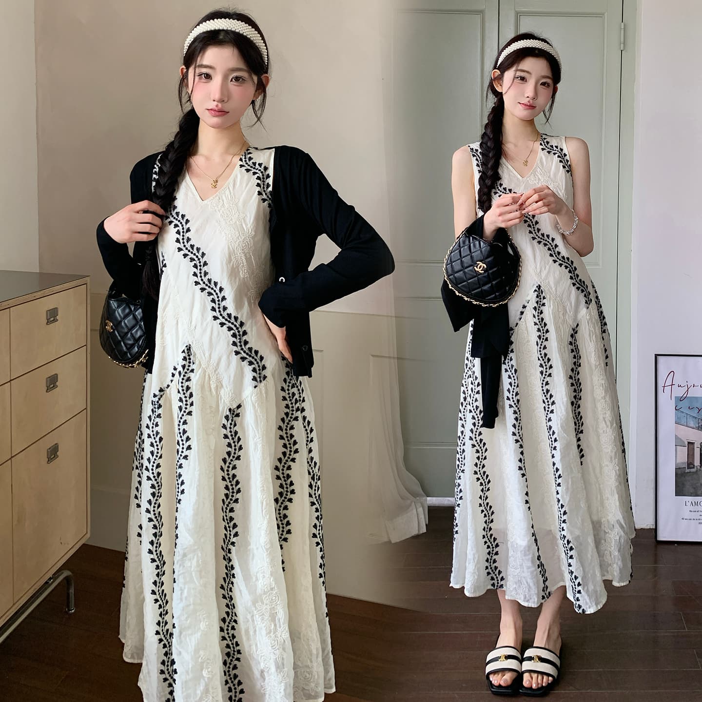 실사 지금 임산부 베이지 색 민족 스타일 드레스 품격 조끼 스커트 자외선 차단 재킷 2 세트 세트 이미지 5