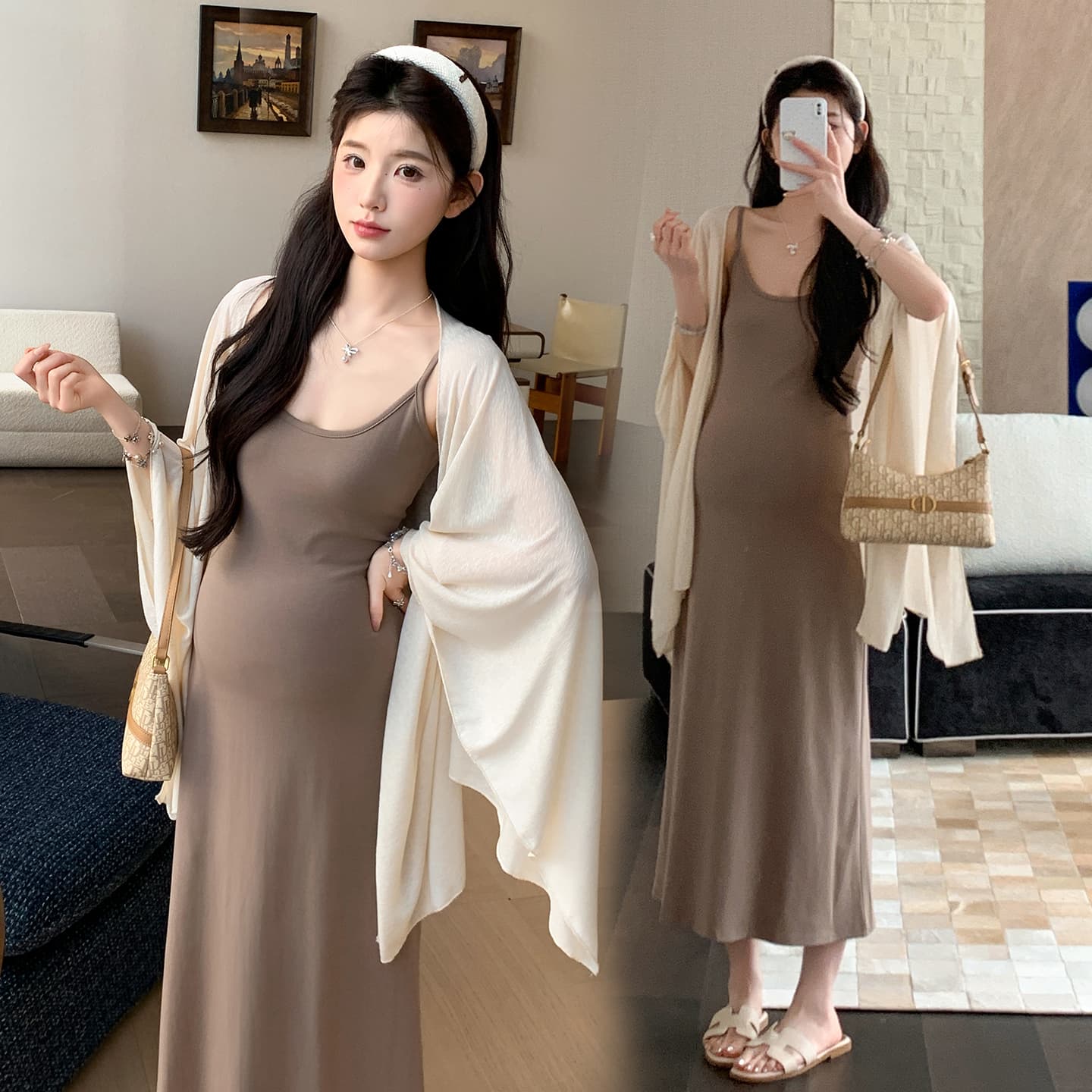 실사 지금 임산부 봄 여름 로얄 자매 바람 슬립 드레스 배 모양 몸 국방 사이 숄 코디 프랑스식 세트 이미지 5