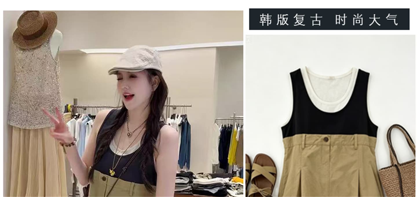 임산부 패션 배색 패치워크 민소매 진자 Pleat 워크웨어 슬림해 보이는 가짜 2개 루즈핏 슬림해 보이는 조끼 한 마디 중간 스커트 상세 이미지 6