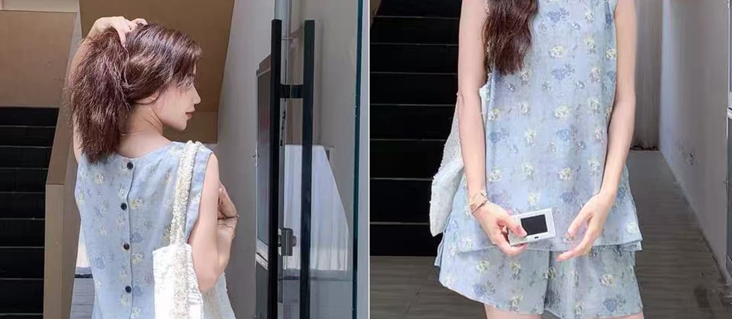임산부 파란색 연령 감소 프린트 민소매 조끼 세트 청 얇은 슬림해 보이는 캐주얼 반바지 2 세트 상세 이미지 10