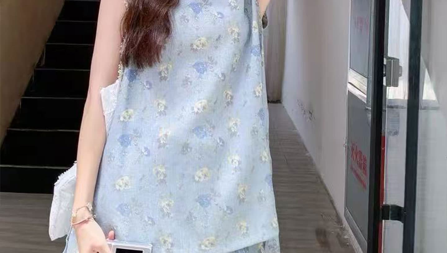 임산부 파란색 연령 감소 프린트 민소매 조끼 세트 청 얇은 슬림해 보이는 캐주얼 반바지 2 세트 상세 이미지 35