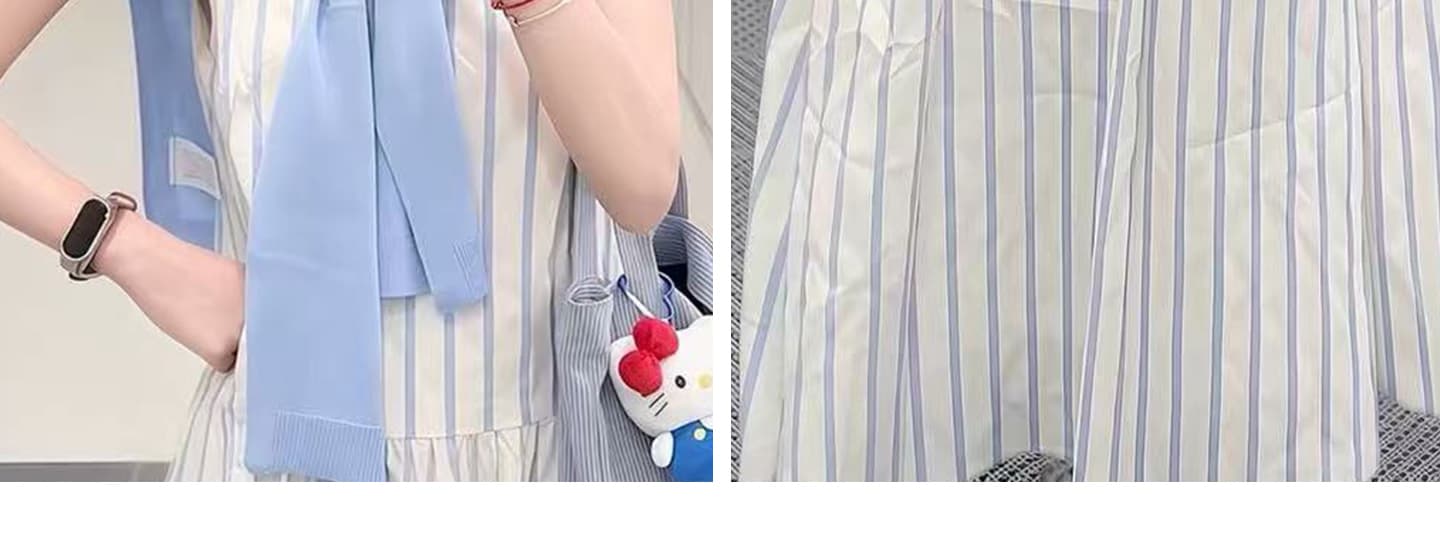 임산부 빅 사이즈 여성 의류 파란색 스트라이프 드레스 여름 고유 한 아름다운 루즈핏 슬림해 보이는 롱 스커트 숄 세트 상세 이미지 16