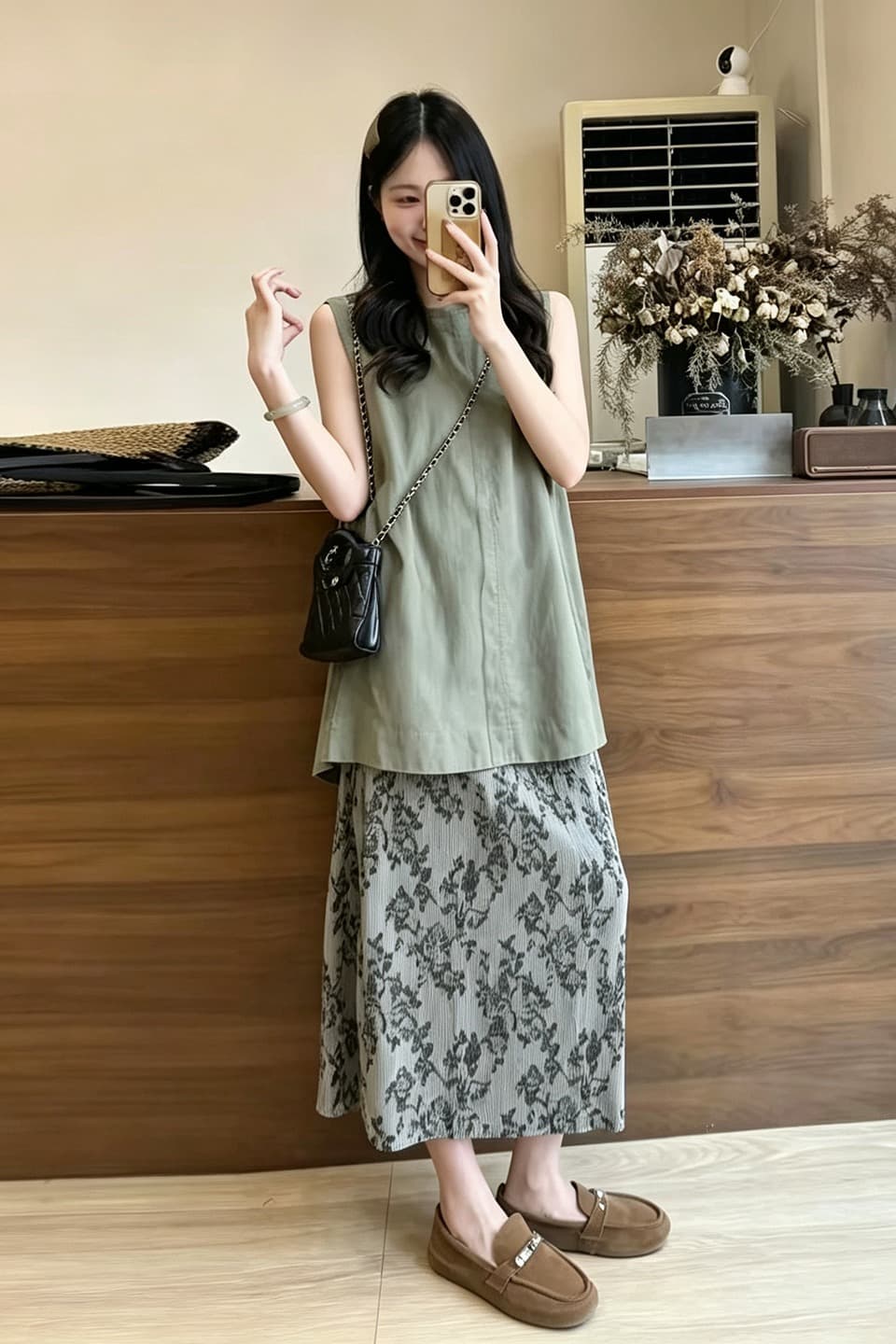 임산부 지금 빅 사이즈 회색 녹색 라운드 넥 민소매 조끼 스커트 코디 식물 프린트 스트레이트 하프 소리 롱 스커트 세트 이미지 6