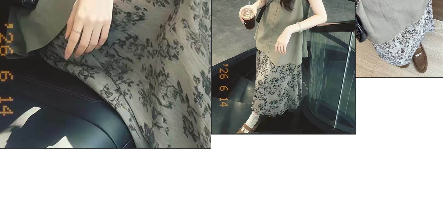 임산부 지금 빅 사이즈 회색 녹색 라운드 넥 민소매 조끼 스커트 코디 식물 프린트 스트레이트 하프 소리 롱 스커트 세트 상세 이미지 12