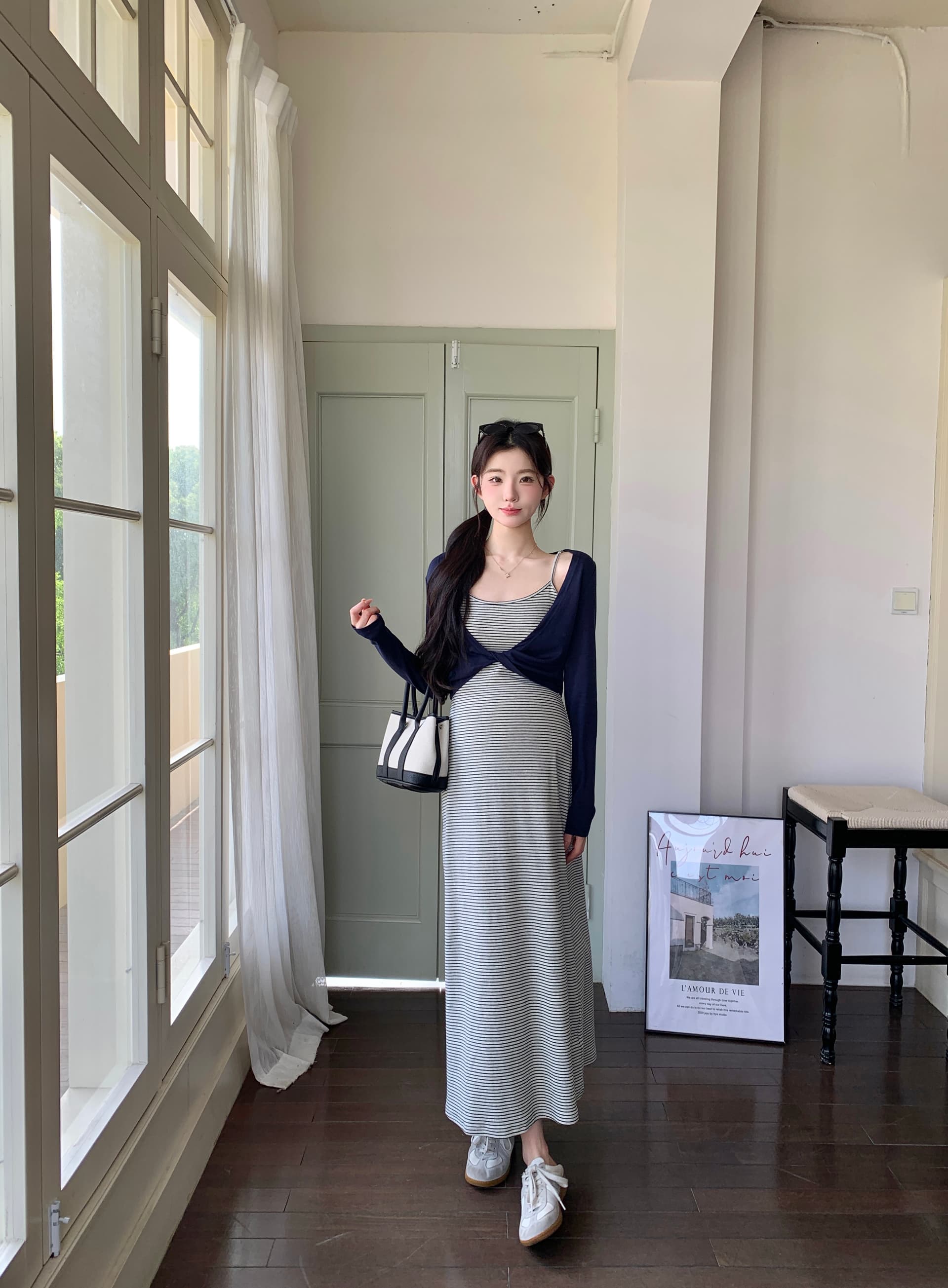 지금 가을 빅 사이즈 출산 착용 배색 핀 스트라이프 슬립 드레스 캐주얼 긴팔 오픈 가디건 세트 상세 이미지 1
