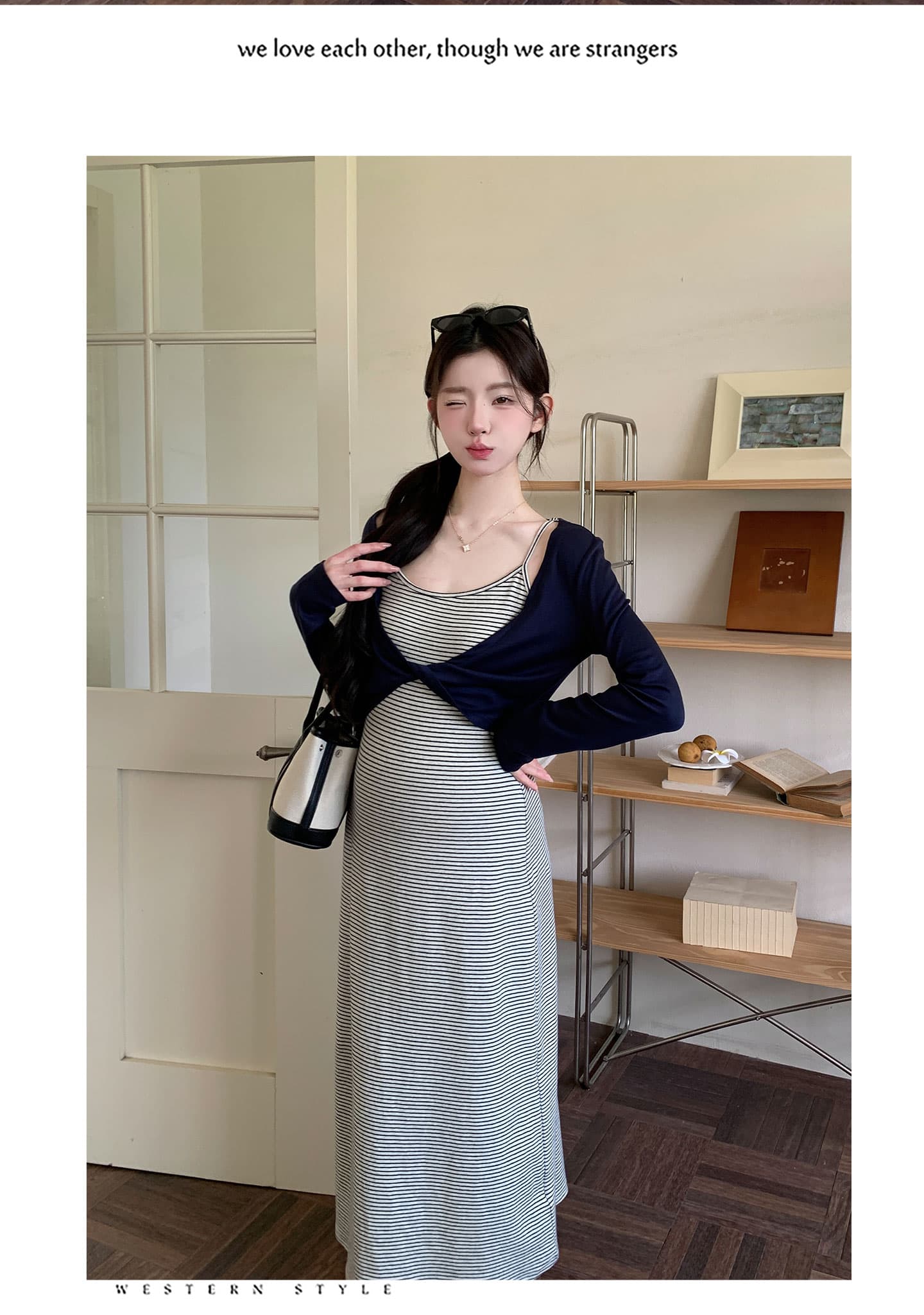 지금 가을 빅 사이즈 출산 착용 배색 핀 스트라이프 슬립 드레스 캐주얼 긴팔 오픈 가디건 세트 상세 이미지 18