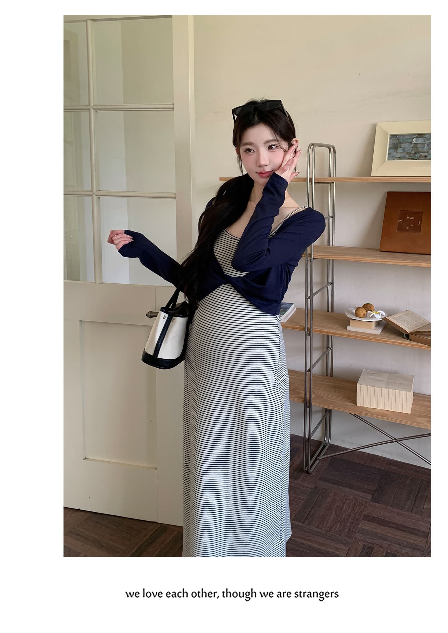 지금 가을 빅 사이즈 출산 착용 배색 핀 스트라이프 슬립 드레스 캐주얼 긴팔 오픈 가디건 세트 상세 이미지 20