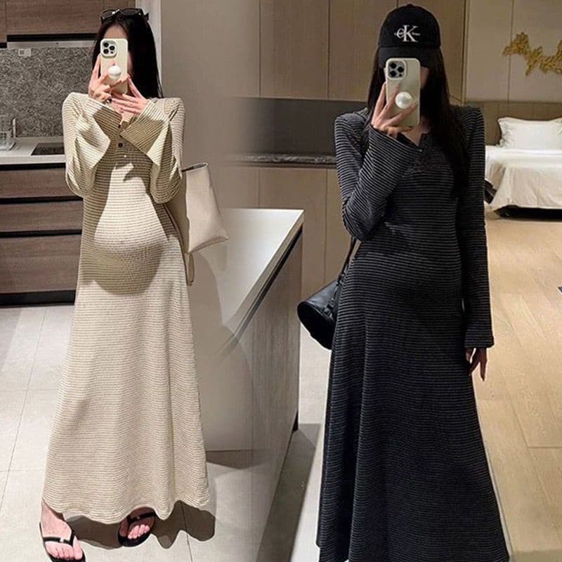임산부 흔들어서 톤 폭발 원본 품질 재고 있음 임산부 느긋한 바람 후드 표지 배 스트라이프 바닥 청소 롱 스커트 이미지 2