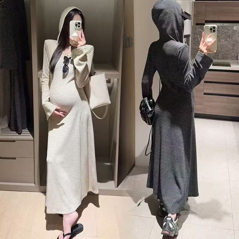 임산부 흔들어서 톤 폭발 원본 품질 재고 있음 임산부 느긋한 바람 후드 표지 배 스트라이프 바닥 청소 롱 스커트 상세 이미지 1