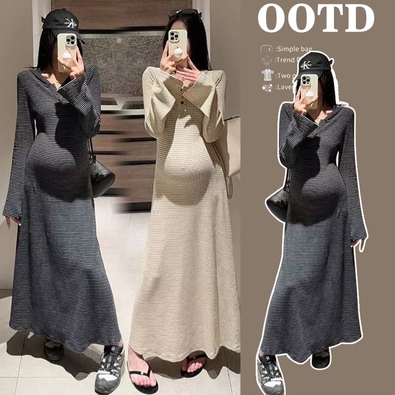 임산부 흔들어서 톤 폭발 원본 품질 재고 있음 임산부 느긋한 바람 후드 표지 배 스트라이프 바닥 청소 롱 스커트 상세 이미지 9