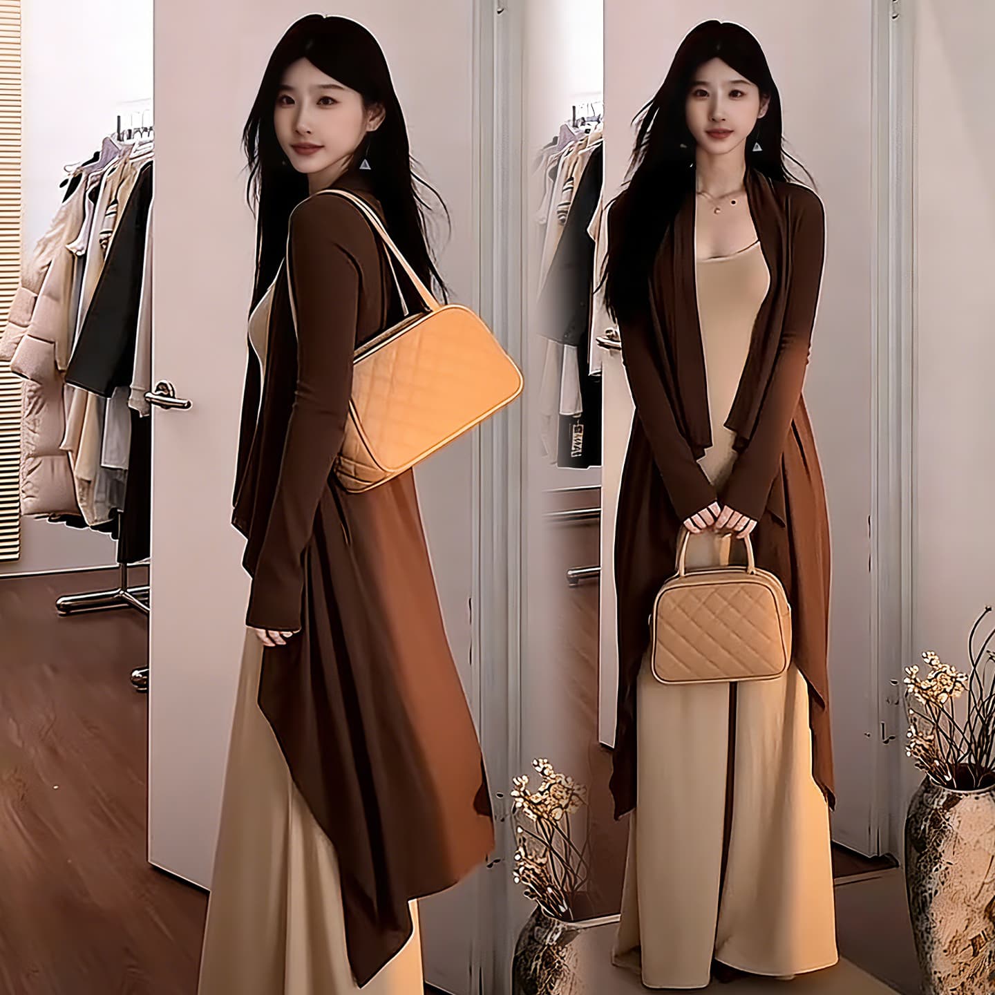 임산부 가을 로얄 자매 바람 슬립 드레스 배 모양 몸 국방 사이 오픈 가디건 코디 프랑스식 2 세트 이미지 4