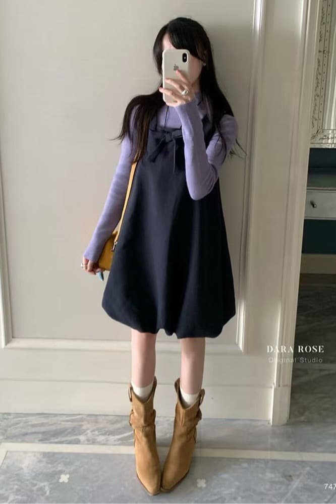 실사 재고 있음 임산부 정통 한 부서 나비 매듭 장식 조끼 모직 민소매 점프 슈트 치마 세트 이미지 6