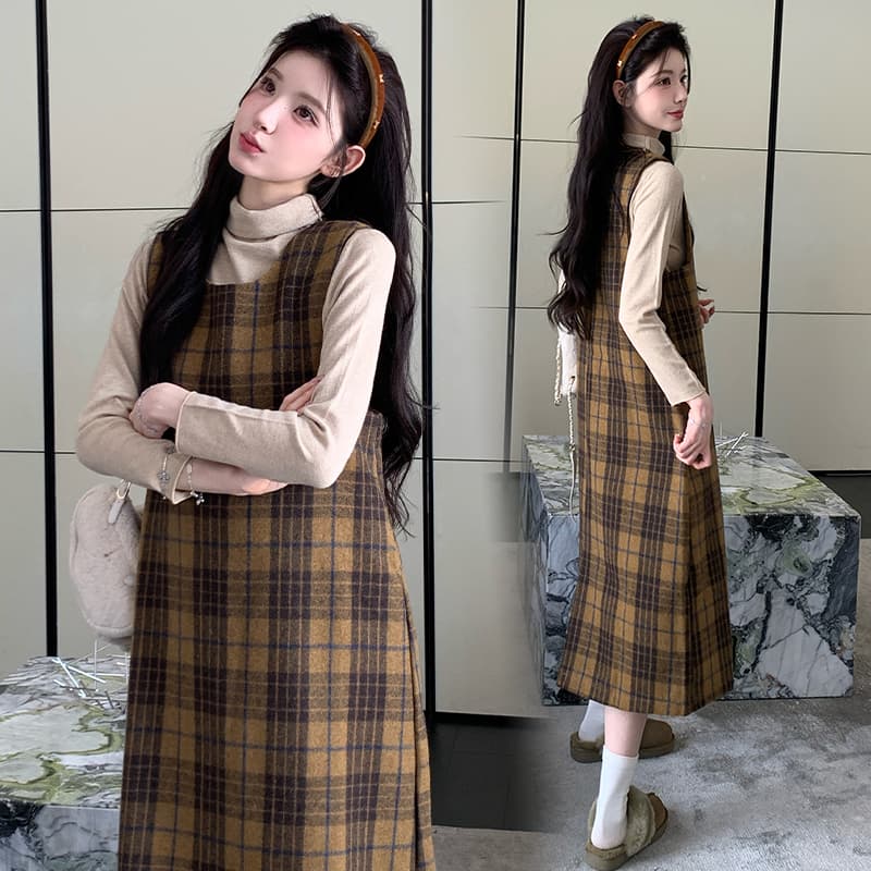 실사 지금 임산부 모직 두꺼운 체크무늬 작은 샤넬 스타일 드레스 기본 셔츠 두꺼운 세트 이미지 3