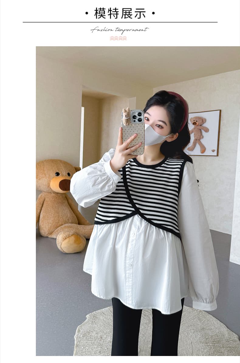 실사 지금 높은 품질 임산부 가을 다용도 연령 감소 루즈핏 빅 사이즈 슬림해 보이는 패치워크 가짜 2개 셔츠 상세 이미지 8