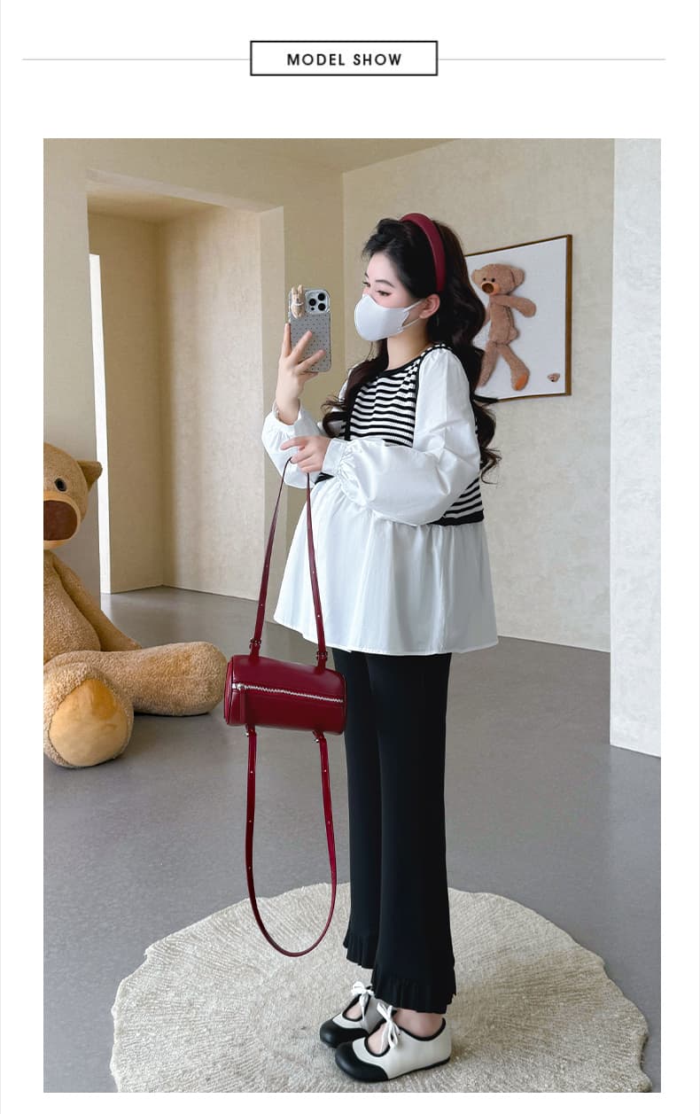 실사 지금 높은 품질 임산부 가을 다용도 연령 감소 루즈핏 빅 사이즈 슬림해 보이는 패치워크 가짜 2개 셔츠 상세 이미지 19