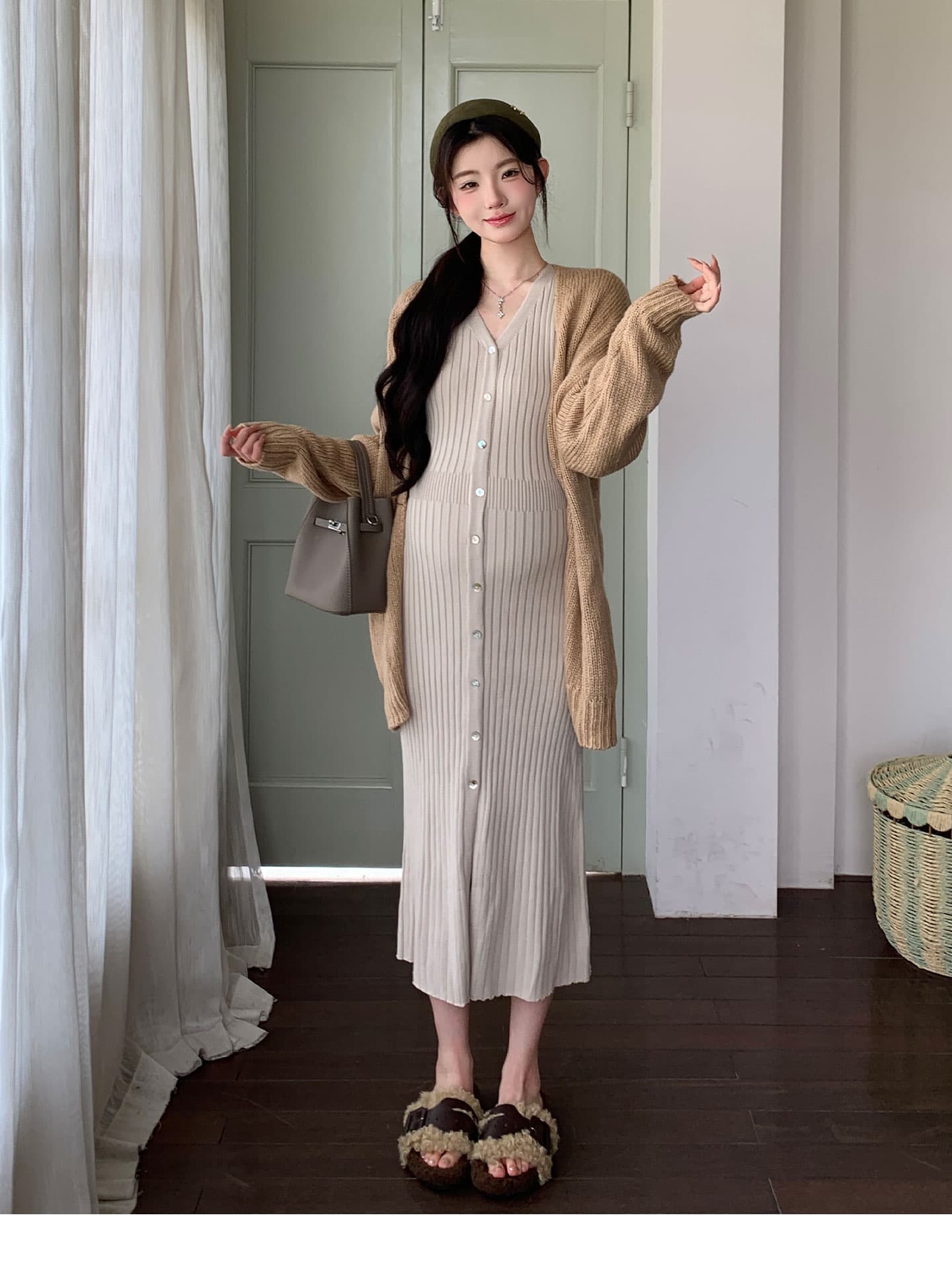 실사 프랑스식 고급 니트 인사이드 가져 가라. 드레스 품격 만나는 롱 스커트 착용 가져 가라. 재킷 전체 집합 상세 이미지 23