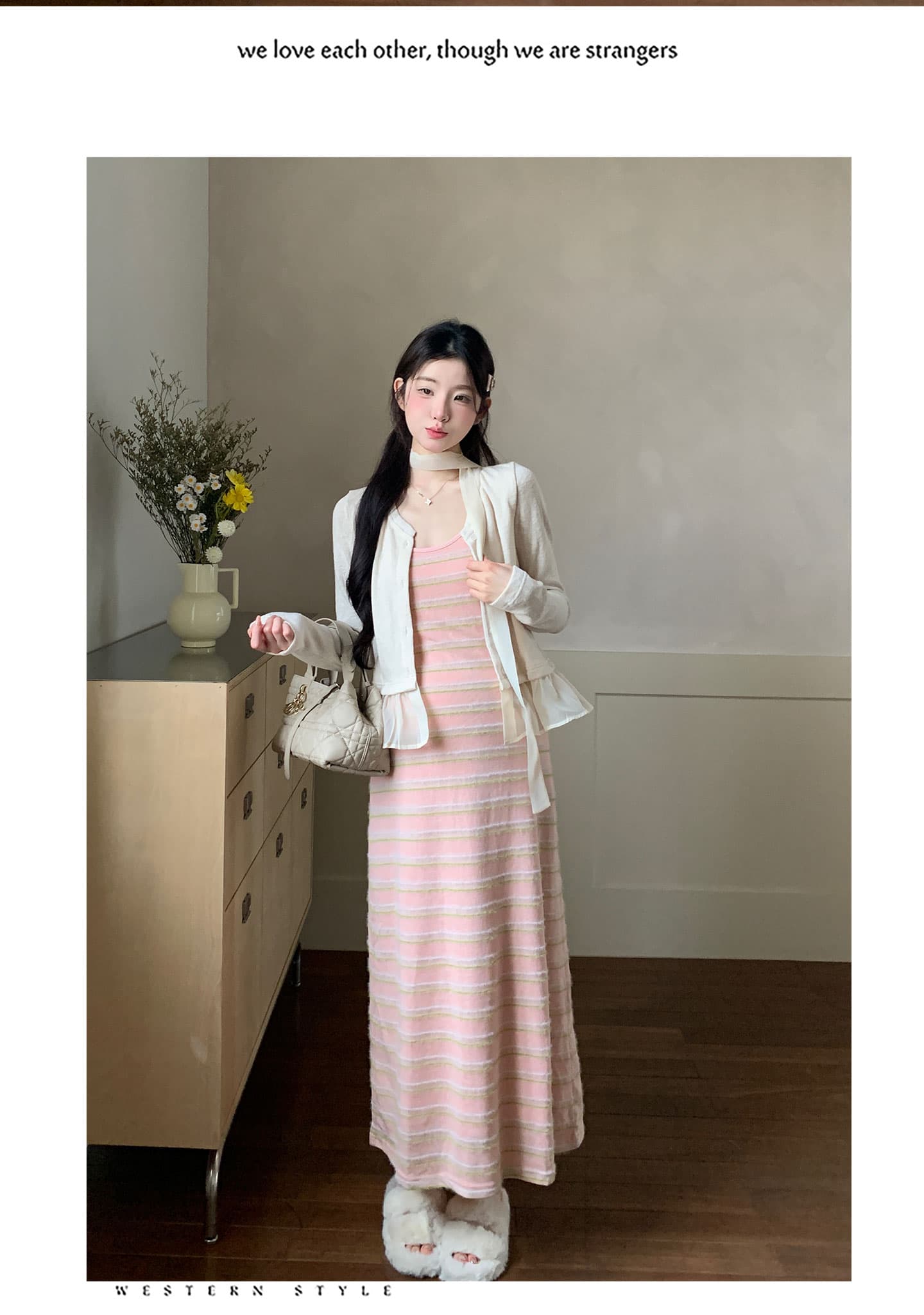 실사 임산부 빅 사이즈 여성 의류 한국 스타일 원본 칼라 스트라이프 슬립 드레스 디자인 센스 패치워크 니트 세트 상세 이미지 13