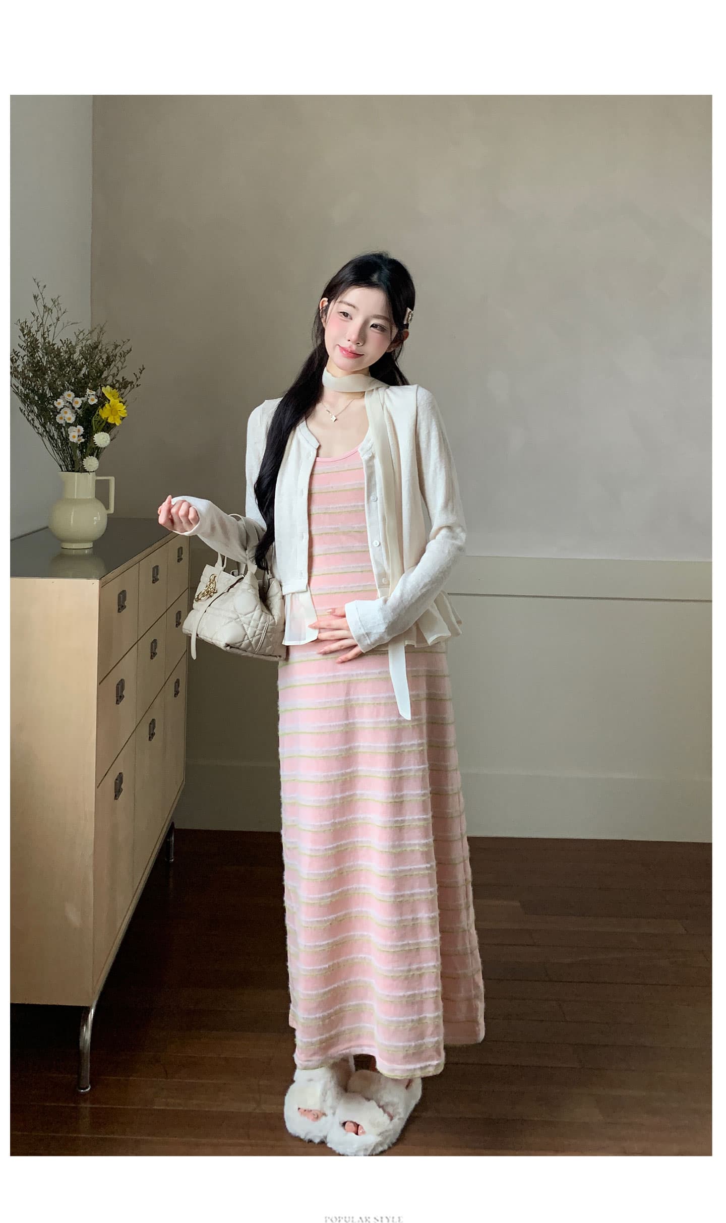 실사 임산부 빅 사이즈 여성 의류 한국 스타일 원본 칼라 스트라이프 슬립 드레스 디자인 센스 패치워크 니트 세트 상세 이미지 14