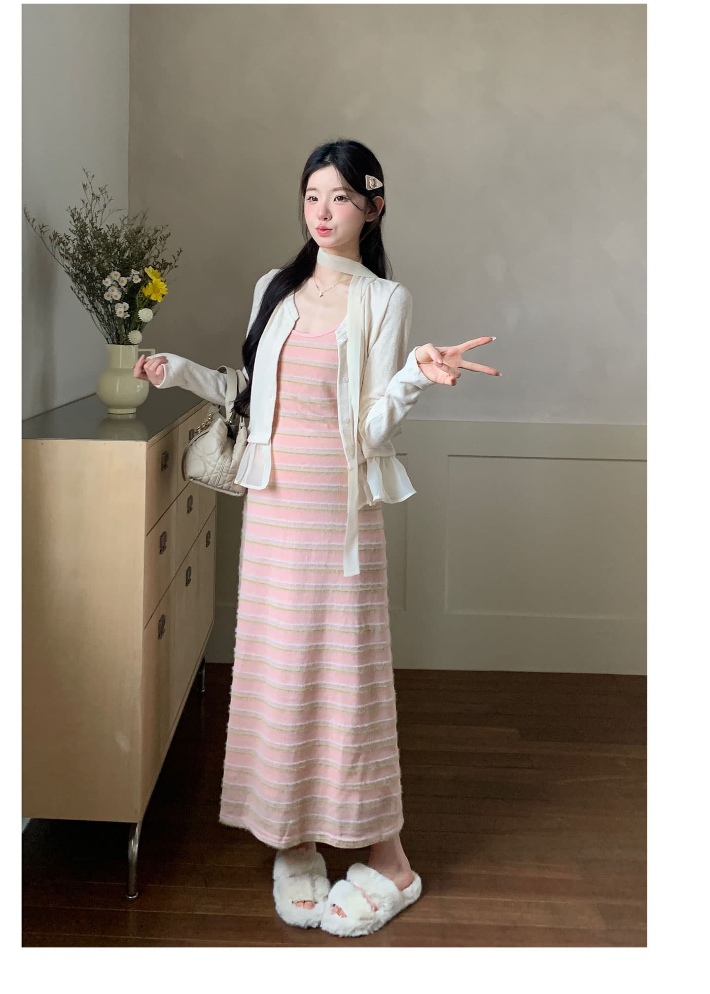 실사 임산부 빅 사이즈 여성 의류 한국 스타일 원본 칼라 스트라이프 슬립 드레스 디자인 센스 패치워크 니트 세트 상세 이미지 16