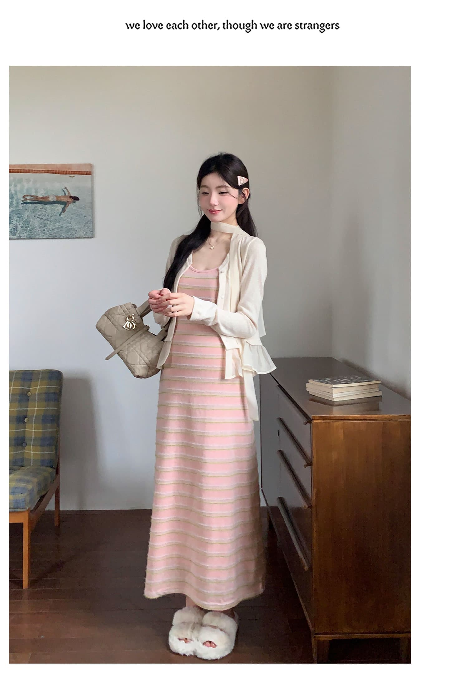실사 임산부 빅 사이즈 여성 의류 한국 스타일 원본 칼라 스트라이프 슬립 드레스 디자인 센스 패치워크 니트 세트 상세 이미지 24