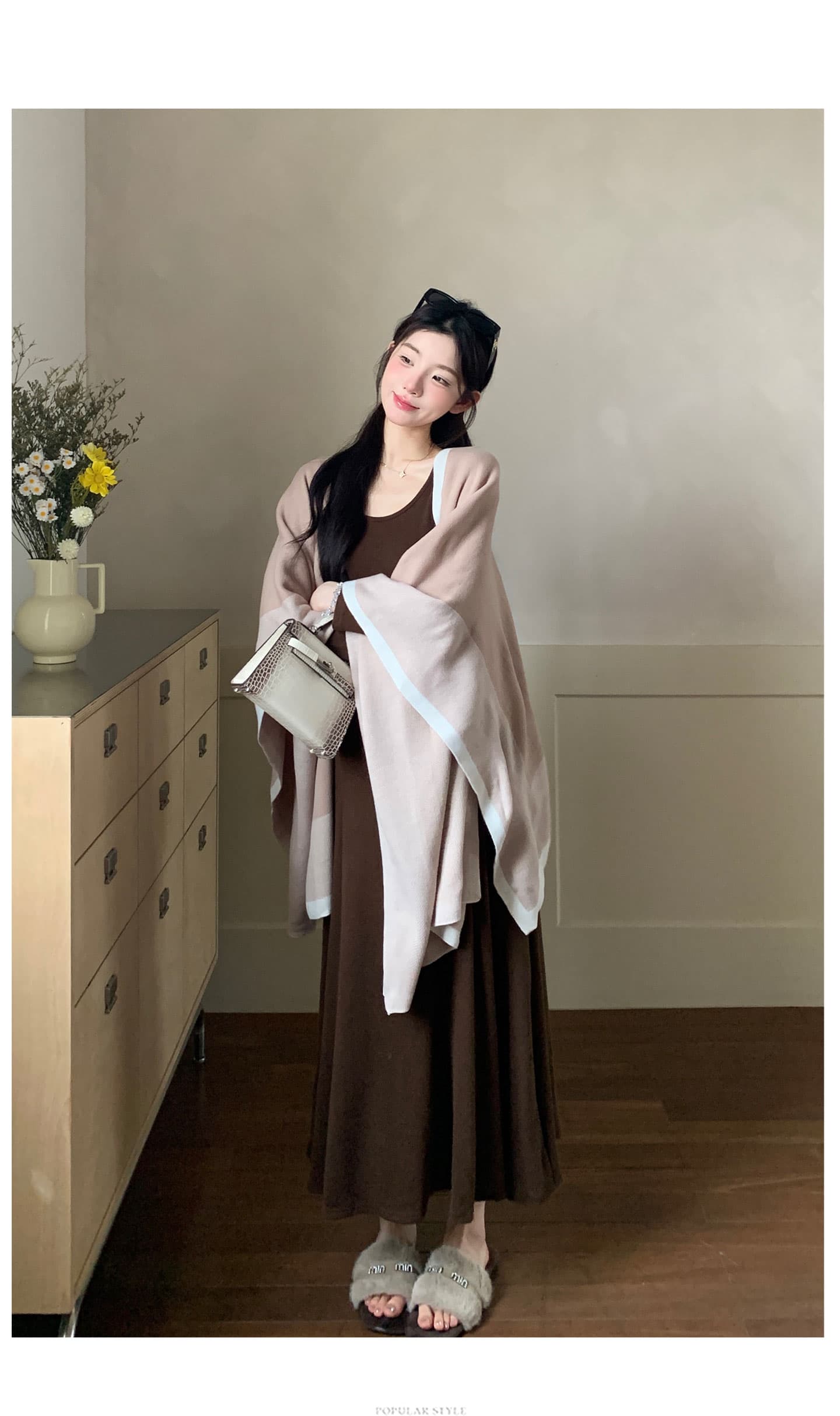 실사 이른 가을 느긋한 오래된 돈 바람 양모 망토 숄 니트 오픈 가디건 두꺼운 롱 스커트 세트 상세 이미지 12