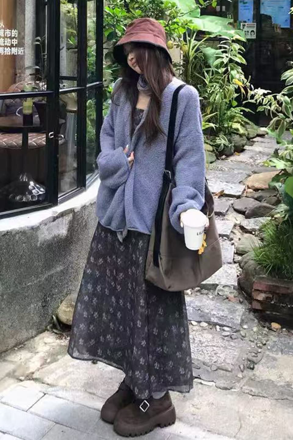 실사 꽃무늬 슬립 드레스 민소매 인사이드 가져 가라. 중간 길이 스커트 느긋한 바람 스웨터 코트 2 세트 이미지 7
