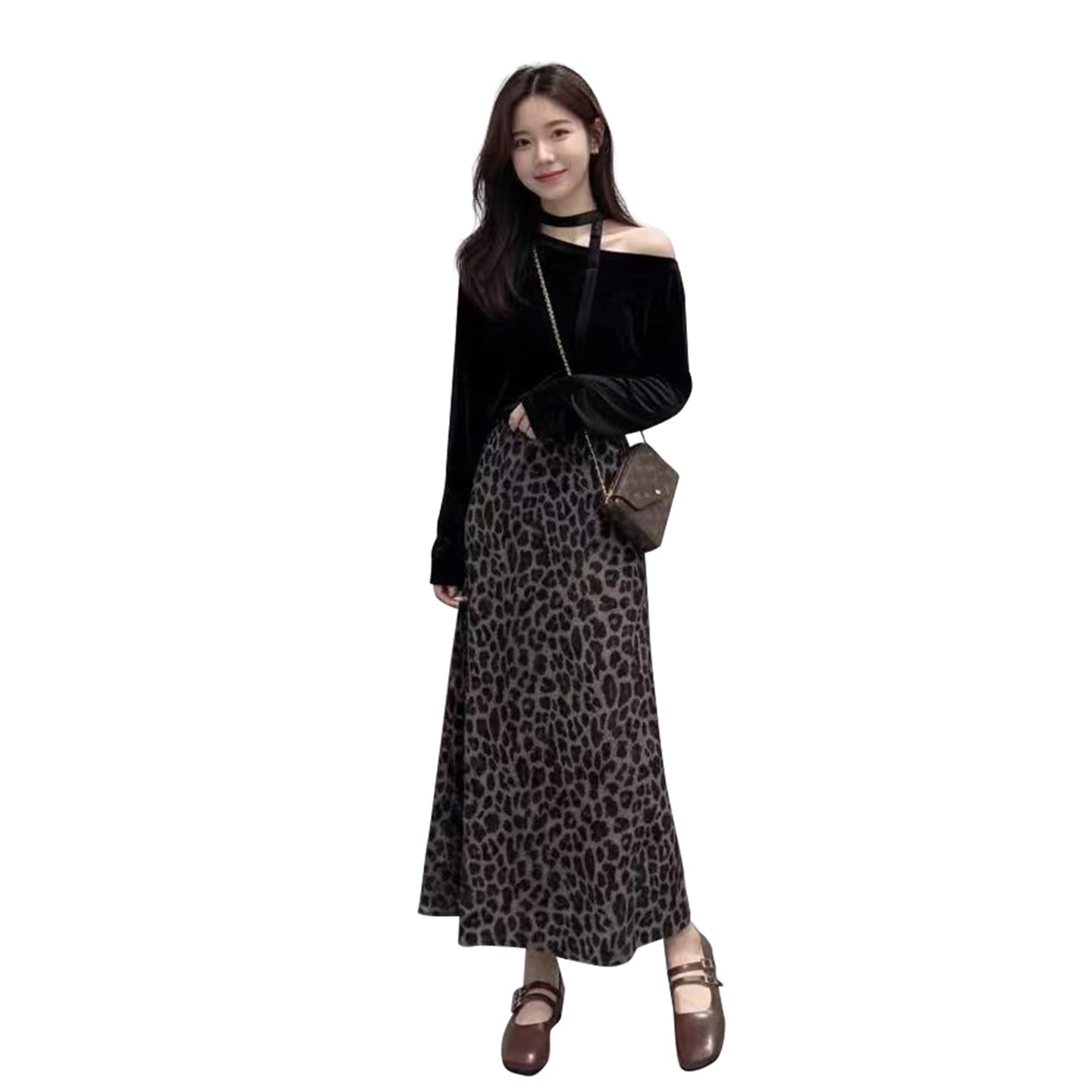 빅 사이즈 가을 고급 센스 행침 목 비스듬한 어깨 긴팔 벨벳 맨위 레오파드 무늬 반신 롱 스커트 착용 가져 가라. 세트 이미지 6