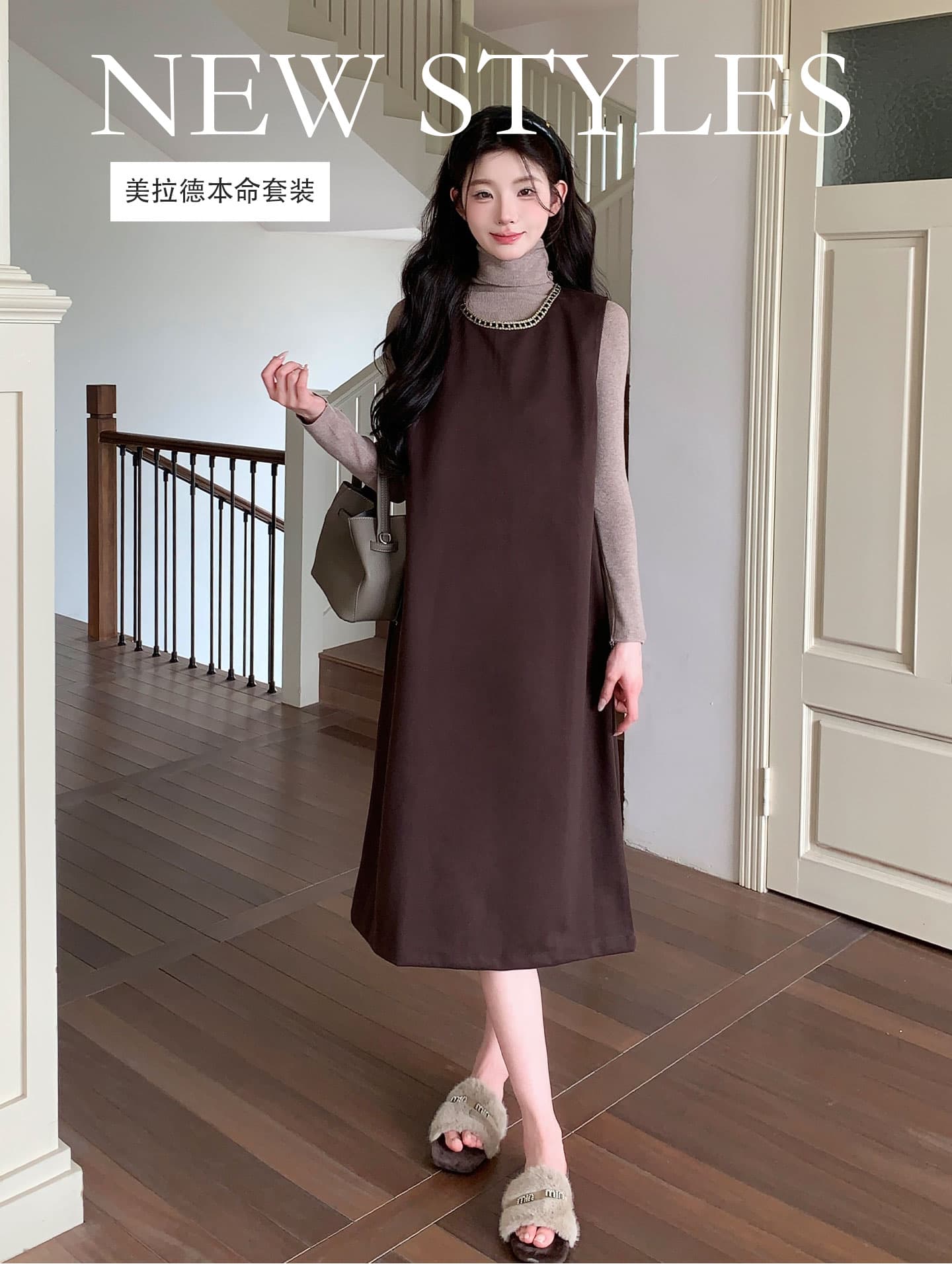 실사 빅 사이즈 착용 가져 가라. 패션 빛 럭셔리 라운드 넥 조끼 롱 스커트 슬림해 보이는 민소매 모직 점프 슈트 치마 세트 상세 이미지 1
