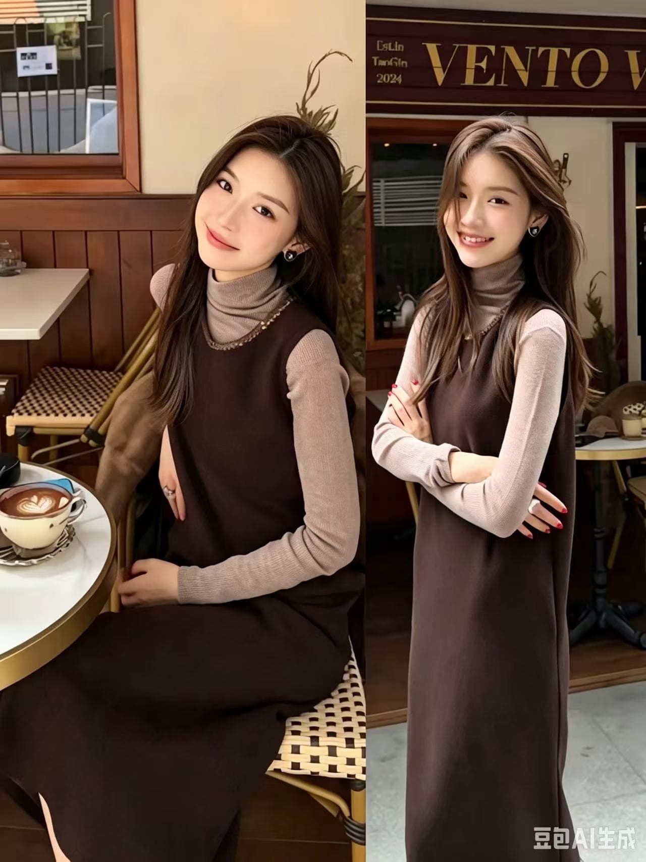 실사 빅 사이즈 착용 가져 가라. 패션 빛 럭셔리 라운드 넥 조끼 롱 스커트 슬림해 보이는 민소매 모직 점프 슈트 치마 세트 이미지 2