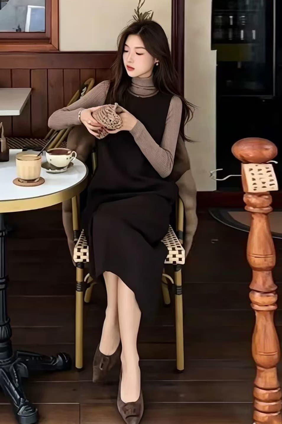 실사 빅 사이즈 착용 가져 가라. 패션 빛 럭셔리 라운드 넥 조끼 롱 스커트 슬림해 보이는 민소매 모직 점프 슈트 치마 세트 이미지 7