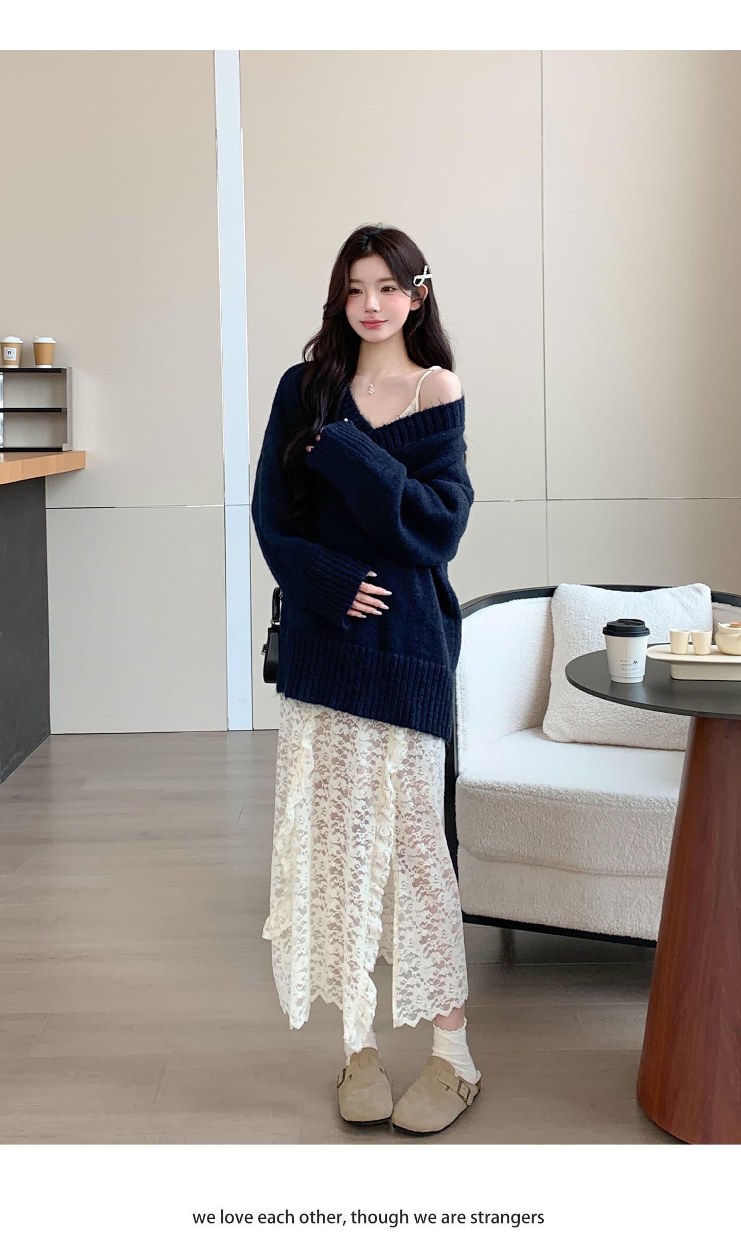 실사 가을로 한 부서 착용 가져 가라. 전체 집합 루즈핏 느긋한 바람 V넥 스웨터 슬립 드레스 3 세트 상세 이미지 15