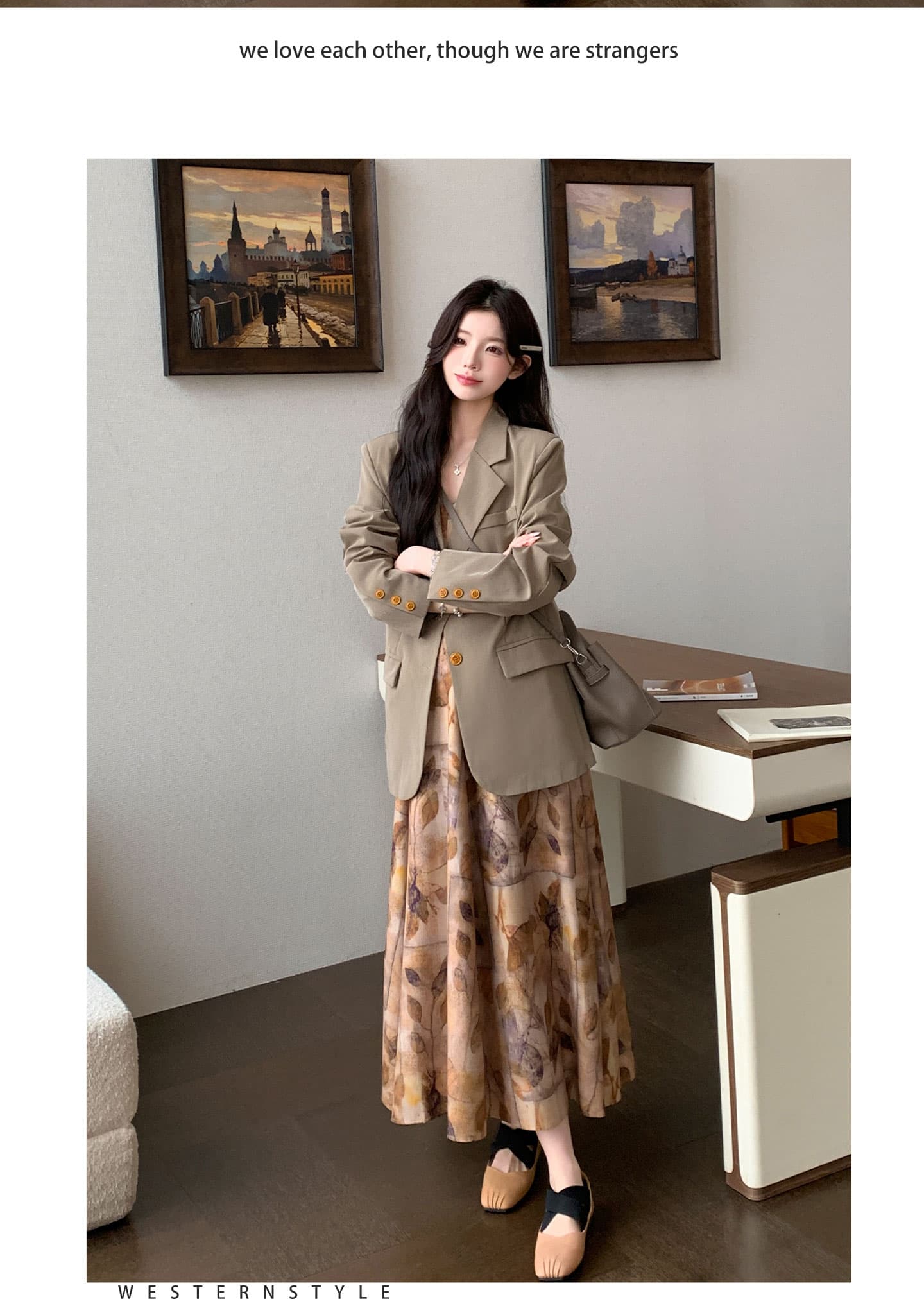 실사 패션 가을 겨울 고급 센스 폴로 칼라 긴팔 블레이저 레트로 프린트 슬립 점프 슈트 치마 세트 상세 이미지 9