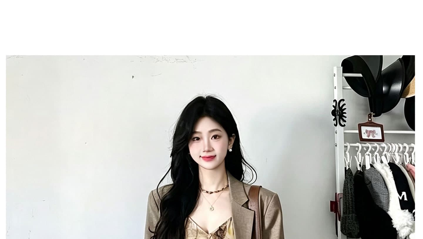 실사 패션 가을 겨울 고급 센스 폴로 칼라 긴팔 블레이저 레트로 프린트 슬립 점프 슈트 치마 세트 상세 이미지 21