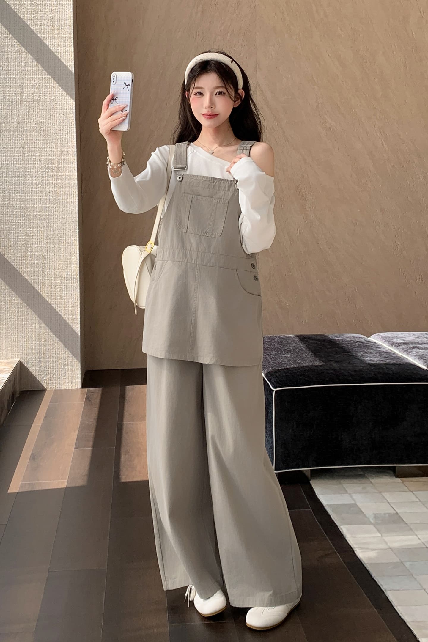 실사 가을 착용 가져 가라. 3 세트 빅 사이즈 지방 mm 비스듬한 어깨 의류 스택 착용 멜빵 와이드 레그 팬츠 한 부서 세트 상세 이미지 19
